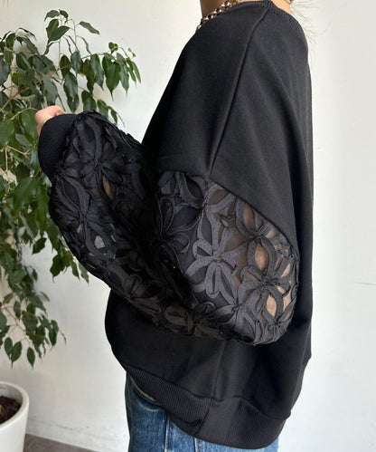 花卉網紗拼接 加絨套頭衛衣（網絡）