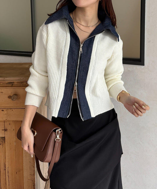 牛仔拼接雙拉鍊針織開衫
