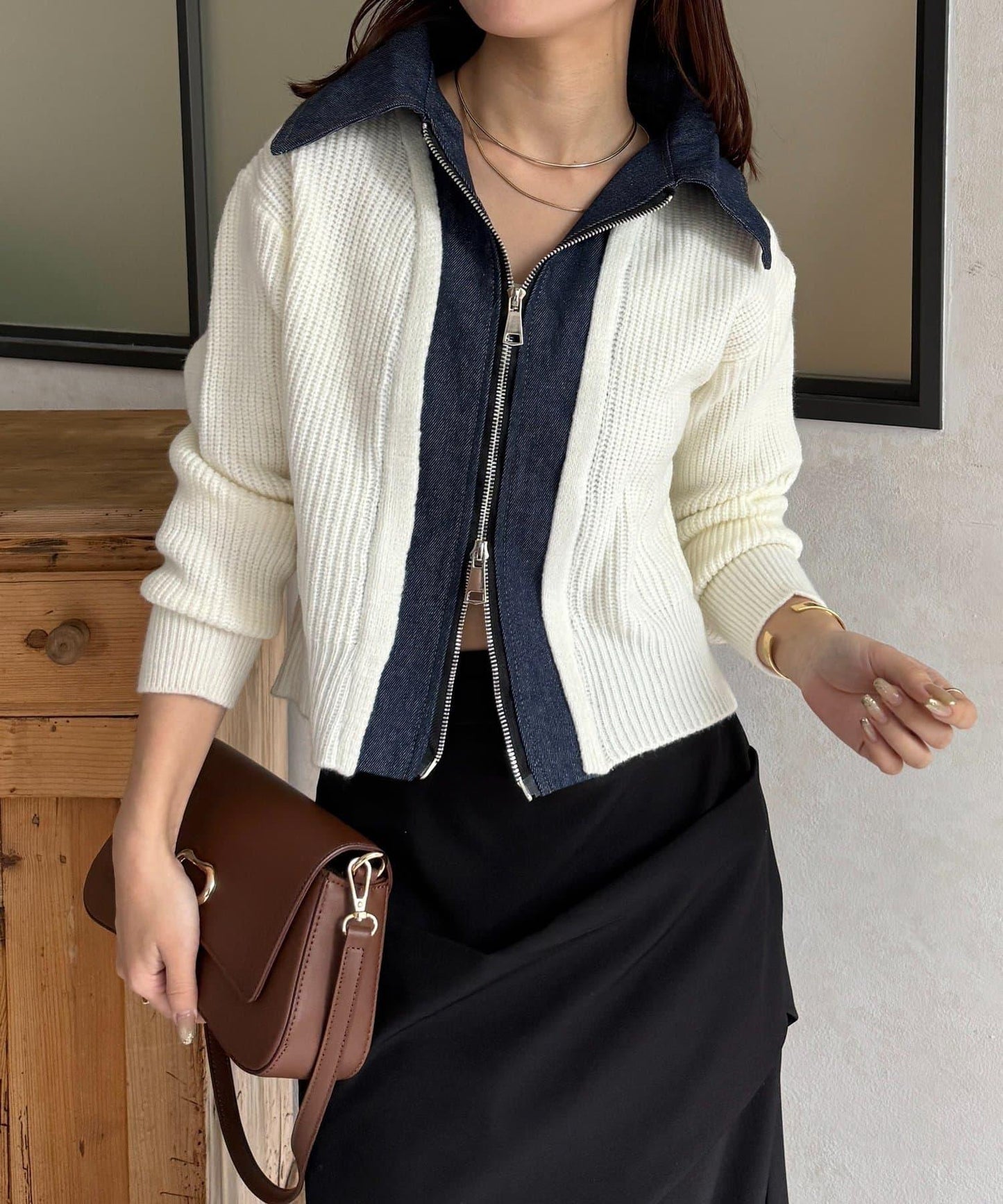 牛仔拼接雙拉鍊針織開衫