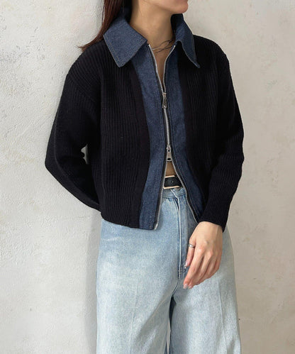 牛仔拼接雙拉鍊針織開衫