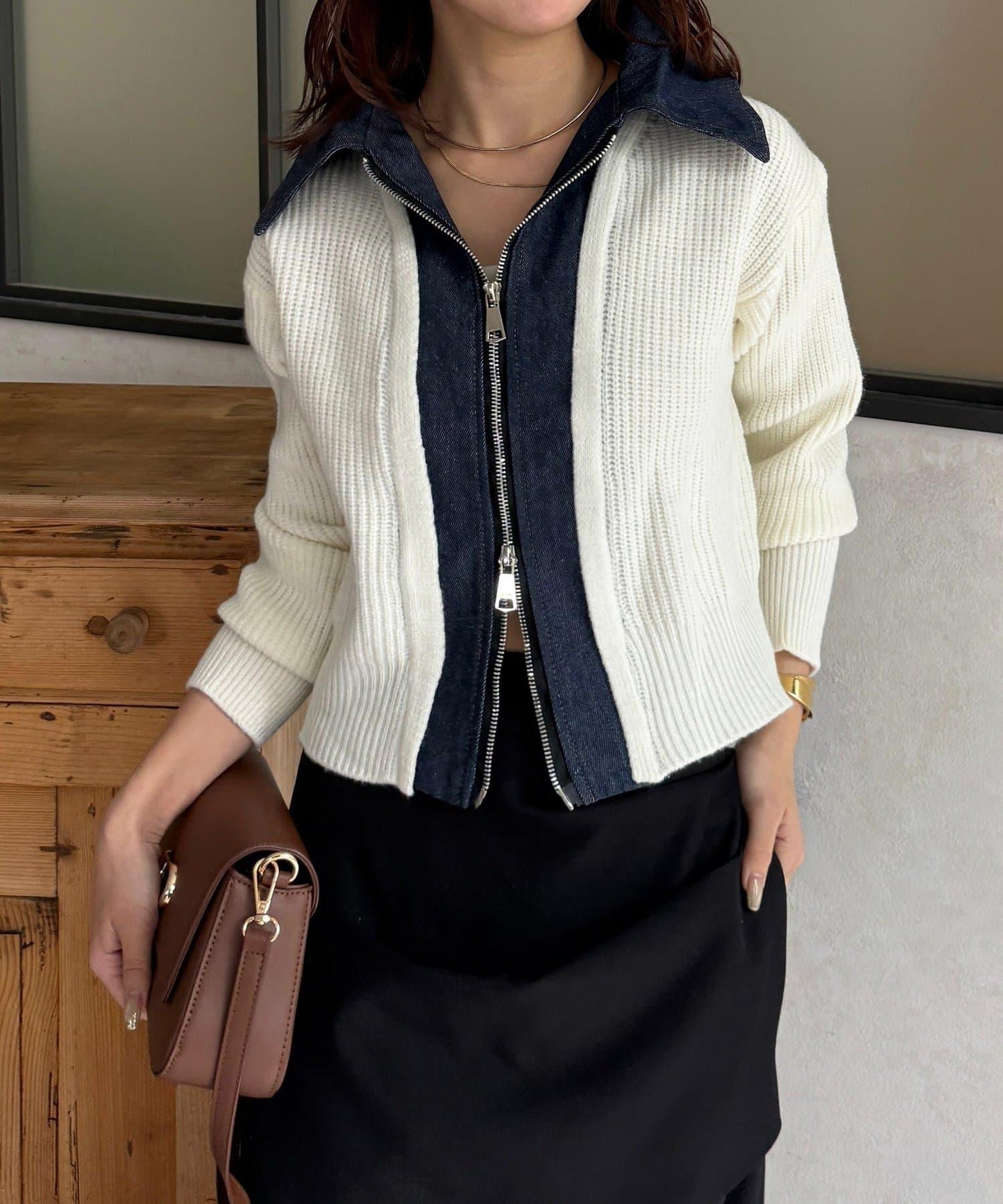 牛仔拼接雙拉鍊針織開衫