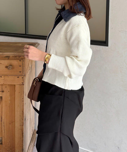 牛仔拼接雙拉鍊針織開衫