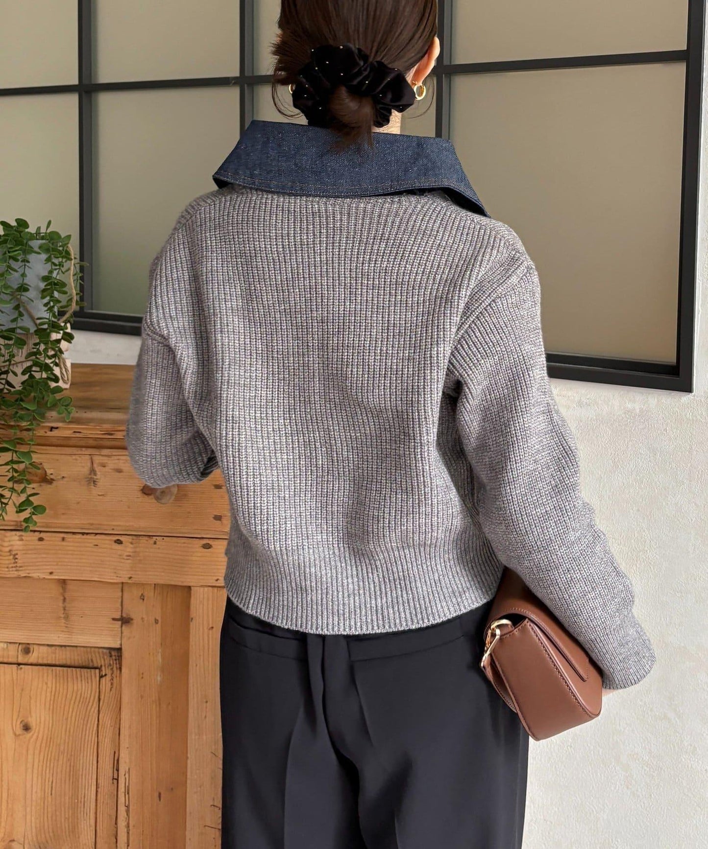 牛仔拼接雙拉鍊針織開衫