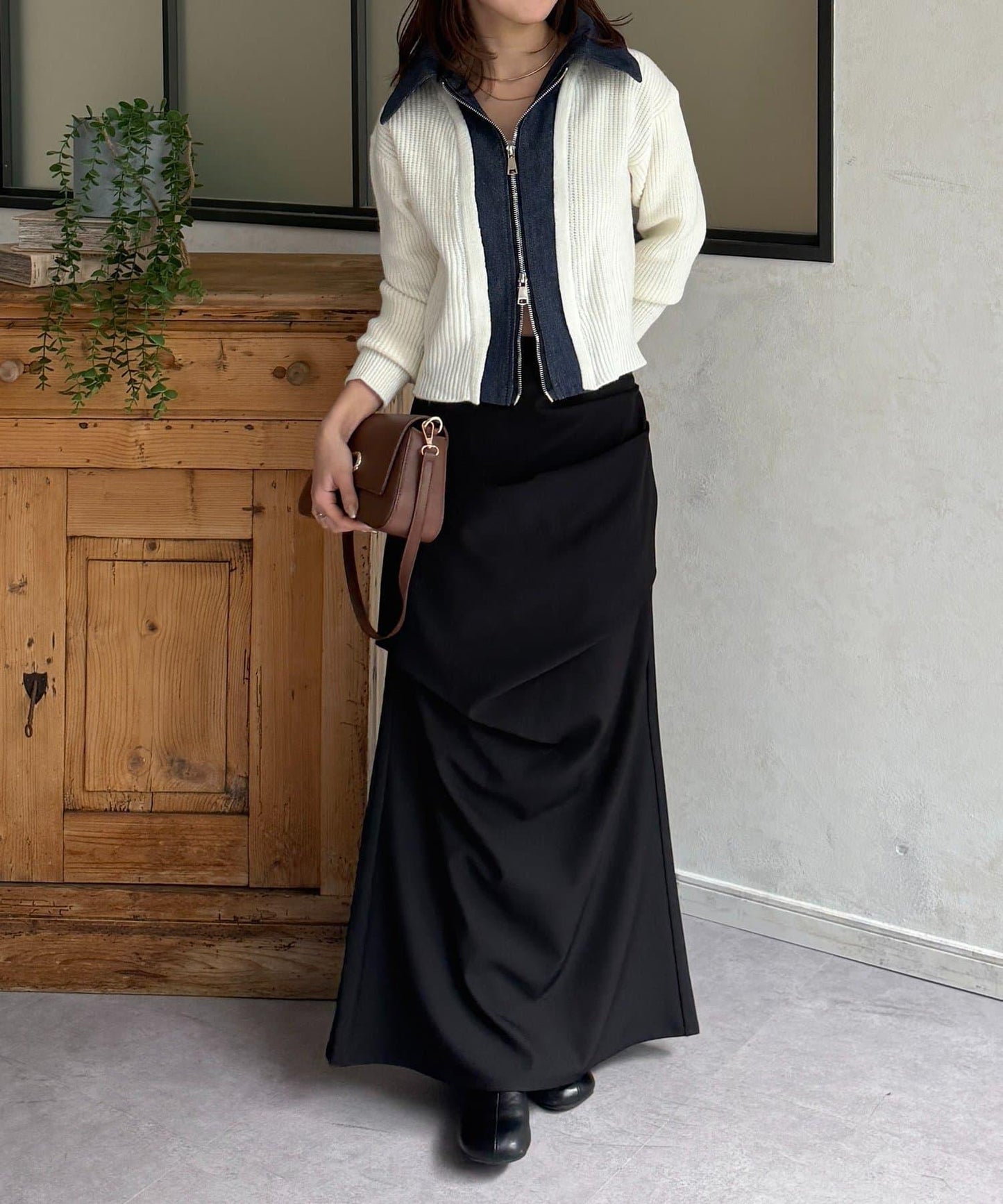 牛仔拼接雙拉鍊針織開衫