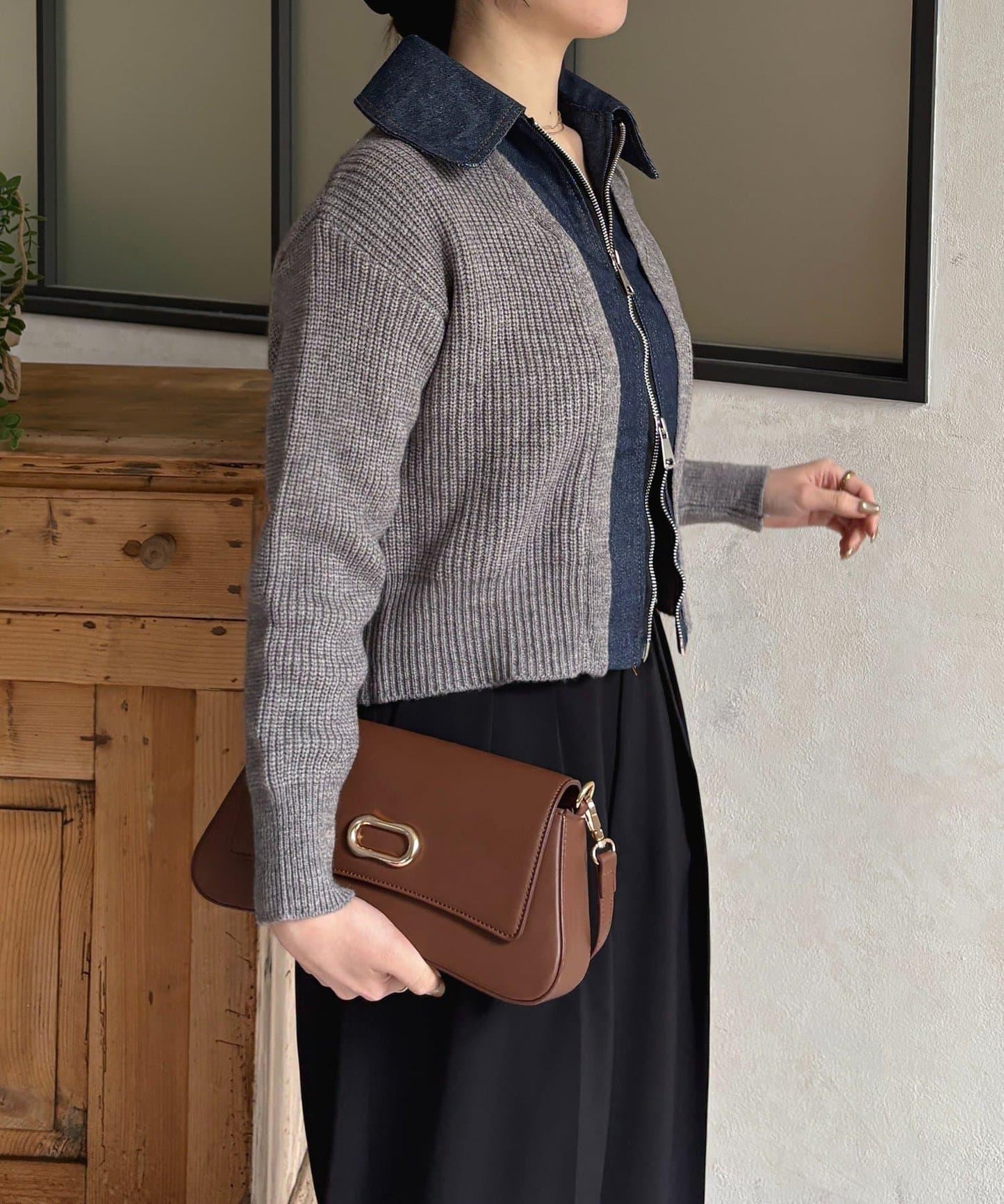 牛仔拼接雙拉鍊針織開衫