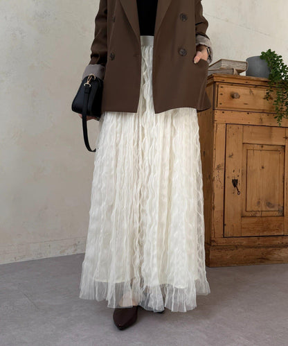 波浪皺感透紗半身裙