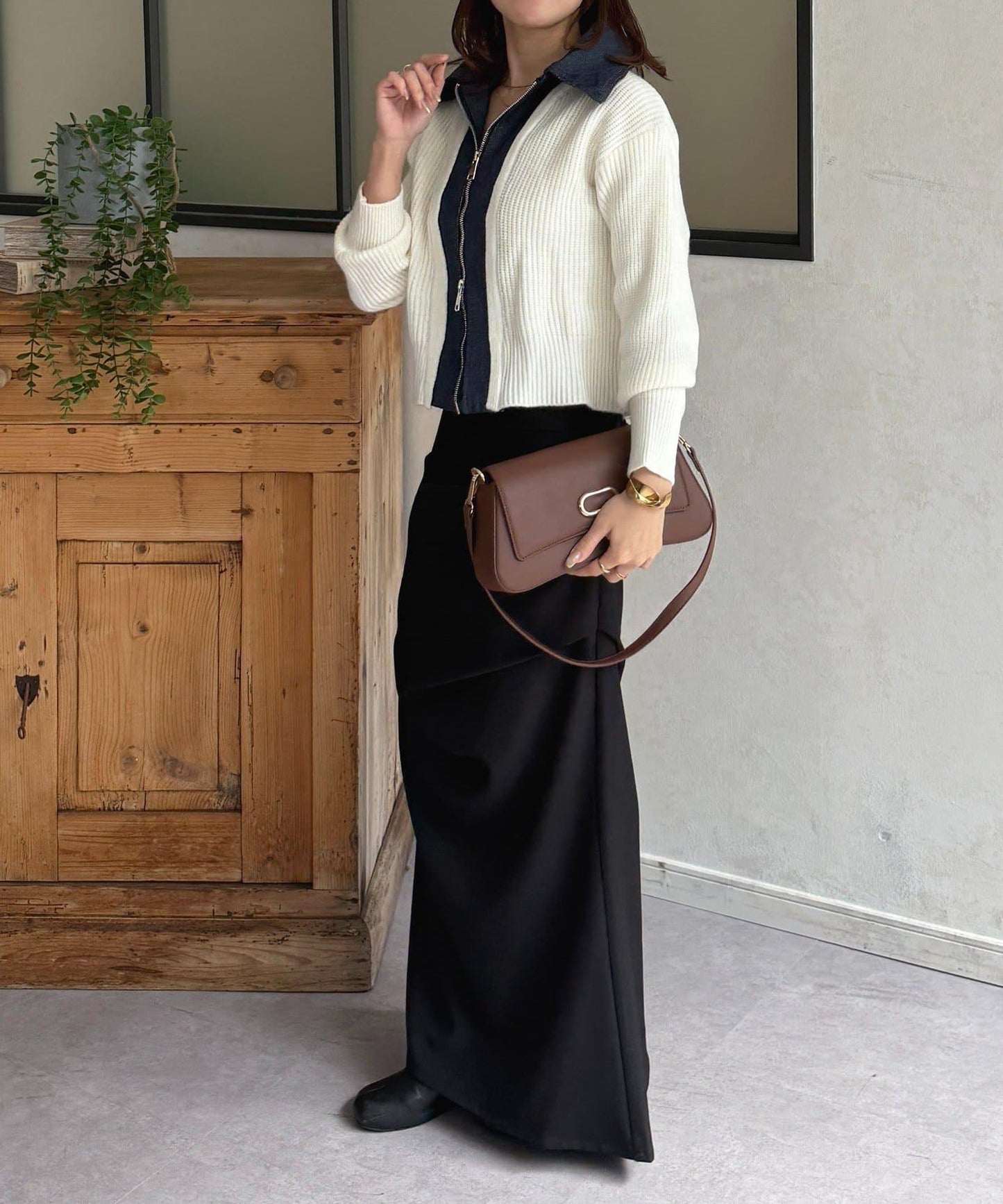 牛仔拼接雙拉鍊針織開衫