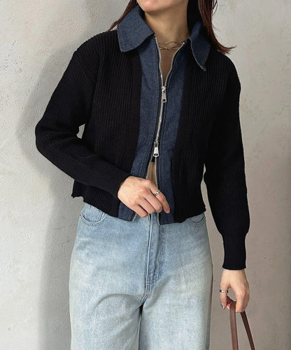 牛仔拼接雙拉鍊針織開衫