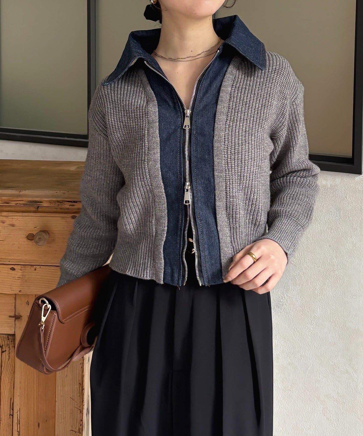 牛仔拼接雙拉鍊針織開衫