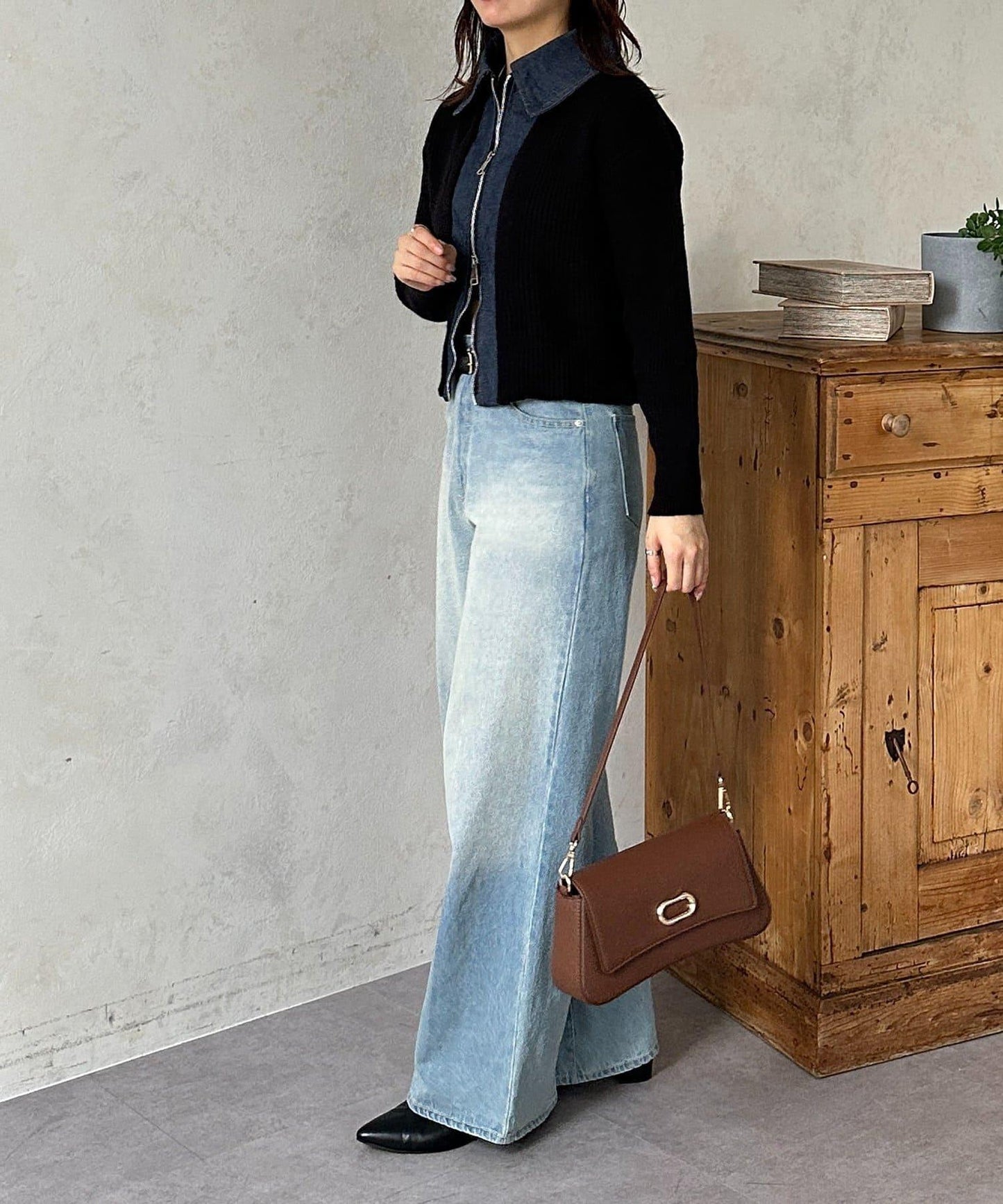 牛仔拼接雙拉鍊針織開衫