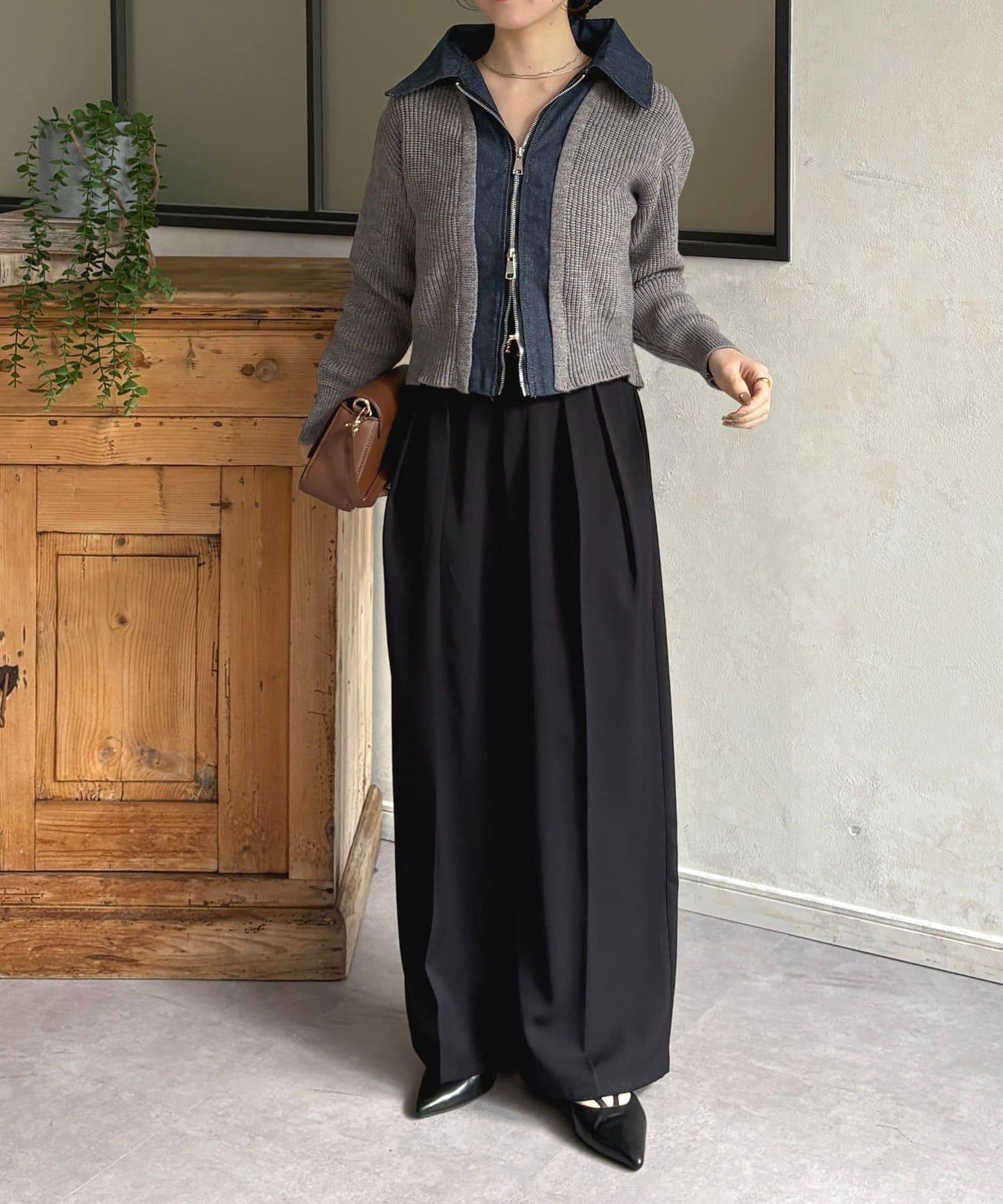 牛仔拼接雙拉鍊針織開衫