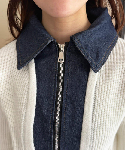 牛仔拼接雙拉鍊針織開衫