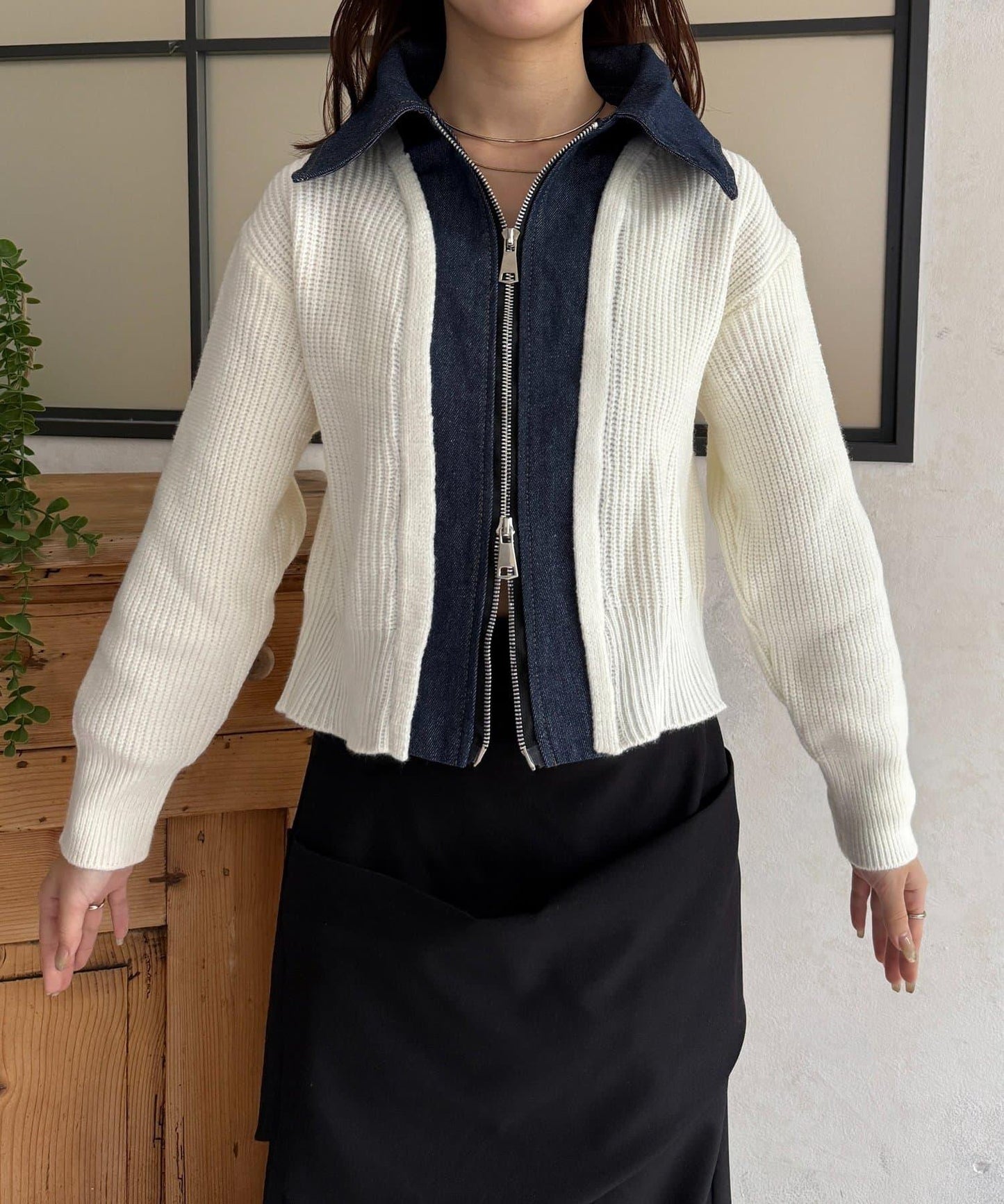 牛仔拼接雙拉鍊針織開衫