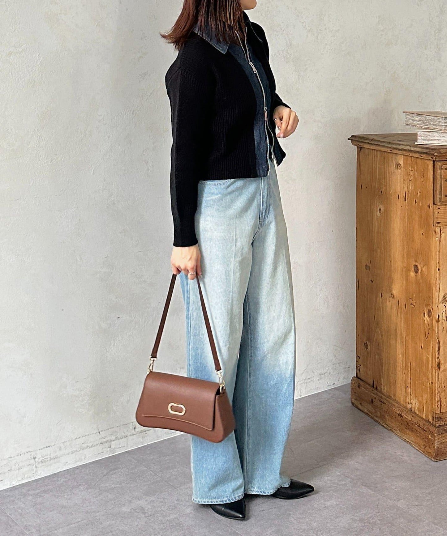 牛仔拼接雙拉鍊針織開衫