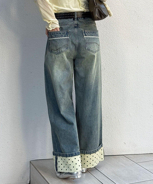 卷邊波點闊腿牛仔褲