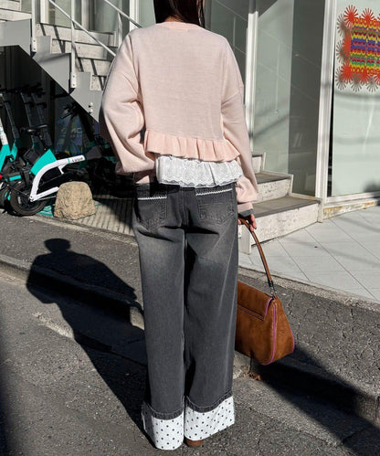 メッセージ刺繡ロゴフリルニットカーディガン