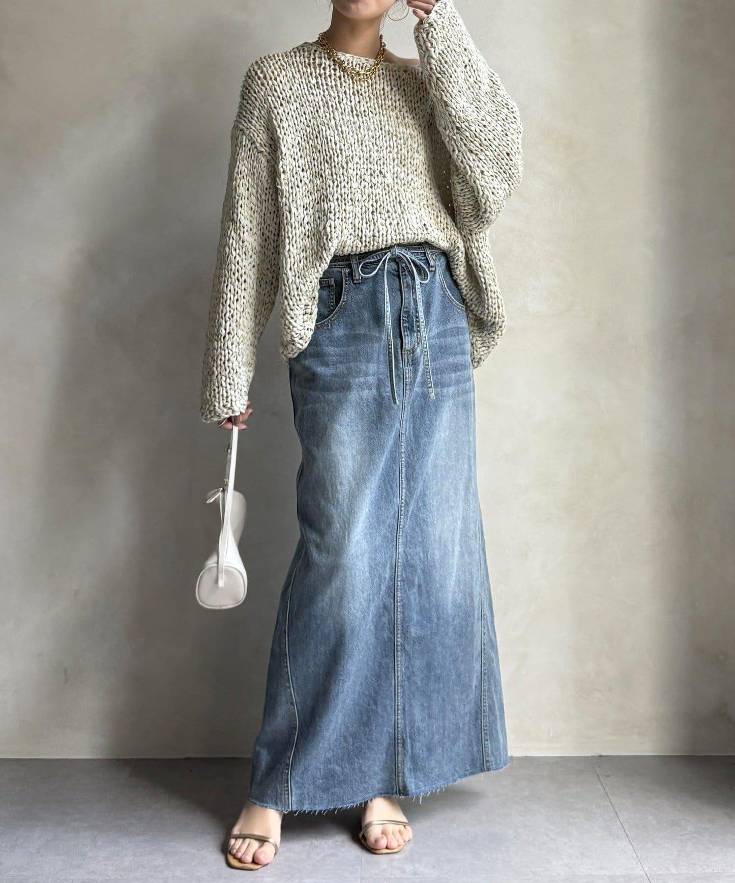 帶腰帶修身設計 牛仔半身裙