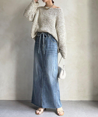 帶腰帶修身設計 牛仔半身裙