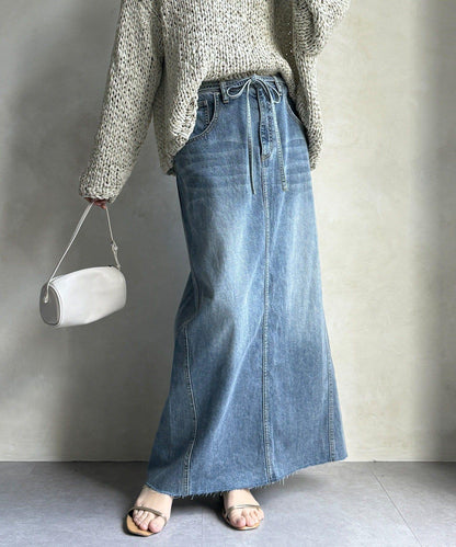 帶腰帶修身設計 牛仔半身裙