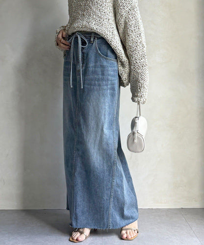 帶腰帶修身設計 牛仔半身裙