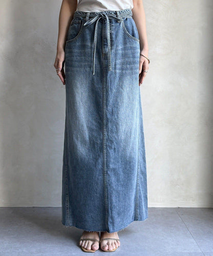 帶腰帶修身設計 牛仔半身裙