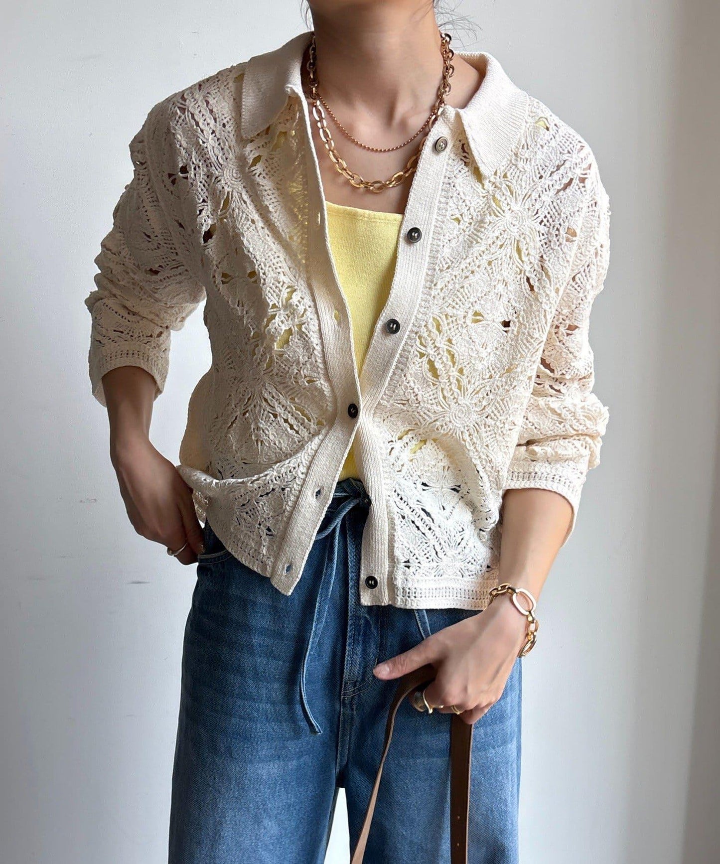 蕾絲圖案襯衫領 針織開衫