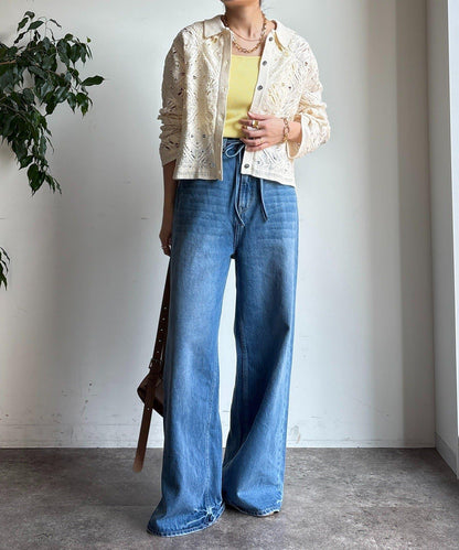 蕾絲圖案襯衫領 針織開衫