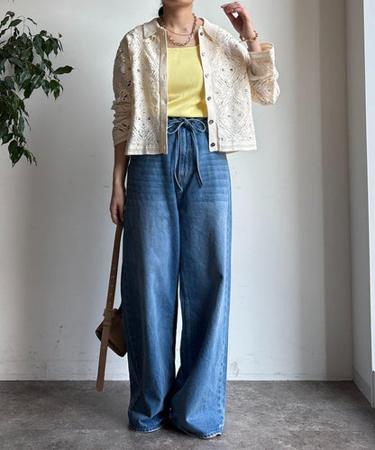 蕾絲圖案襯衫領 針織開衫