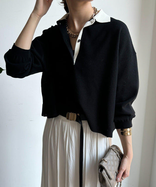 珠地紋帶領針織上衣