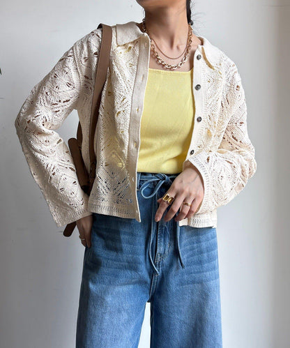 蕾絲圖案襯衫領 針織開衫