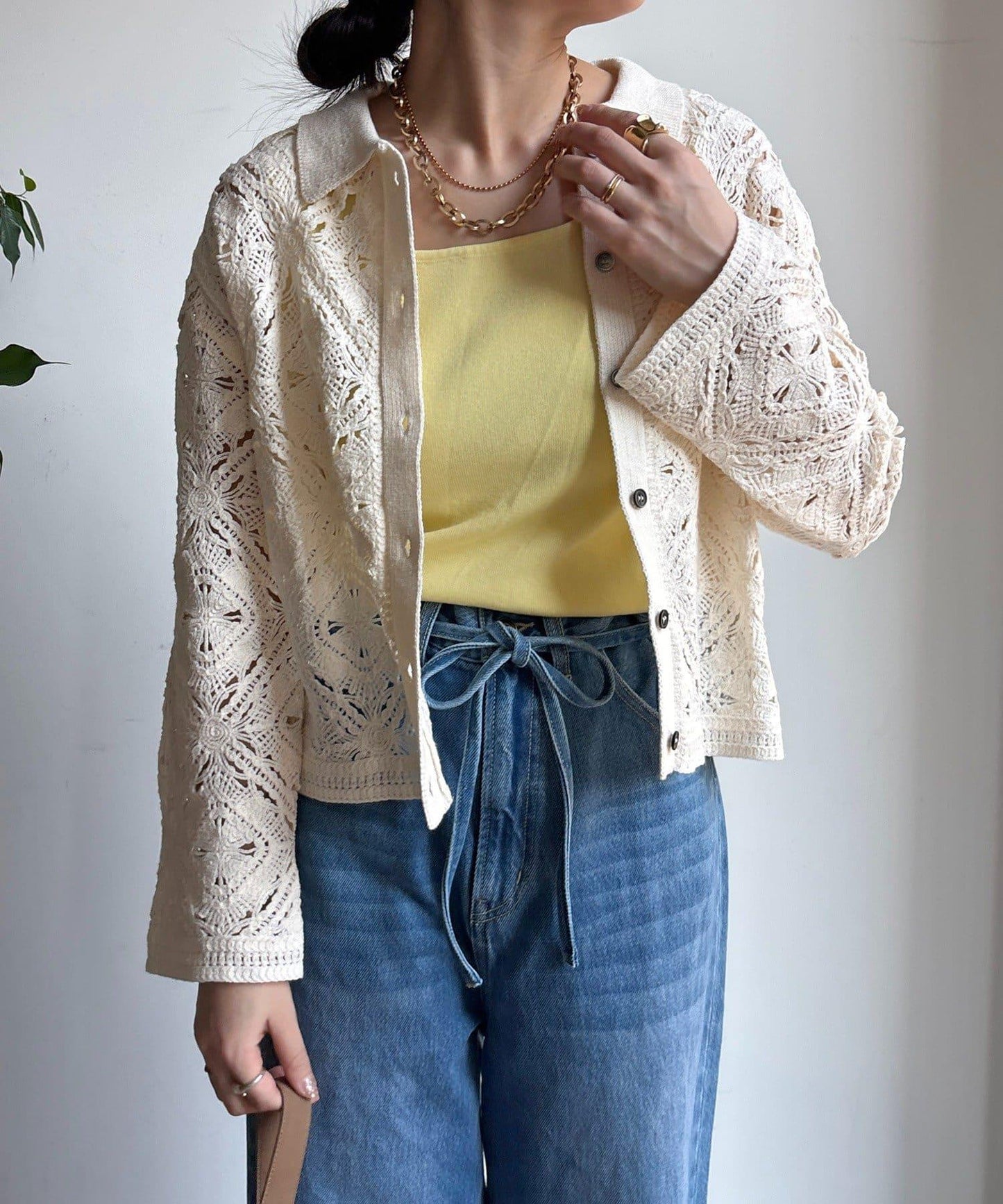 蕾絲圖案襯衫領 針織開衫
