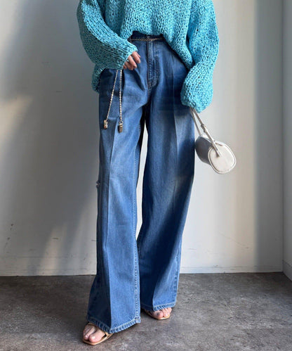 破洞做舊闊腿牛仔褲