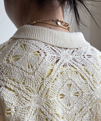 蕾絲圖案襯衫領 針織開衫