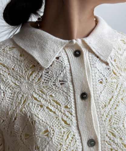 蕾絲圖案襯衫領 針織開衫