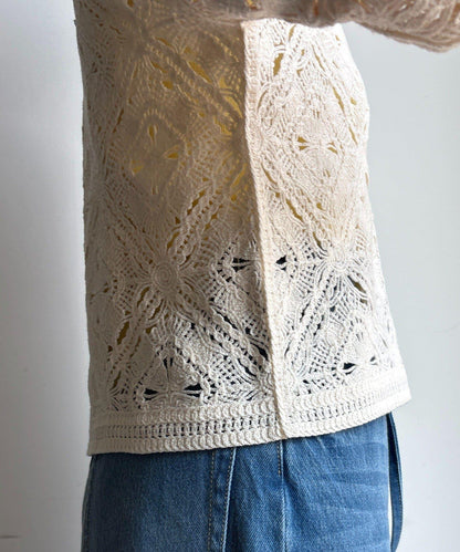 蕾絲圖案襯衫領 針織開衫