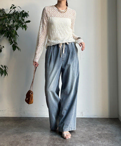 蕾絲側褶設計套頭上衣