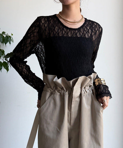 蕾絲側褶設計套頭上衣