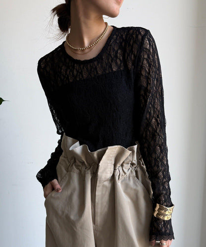 蕾絲側褶設計套頭上衣