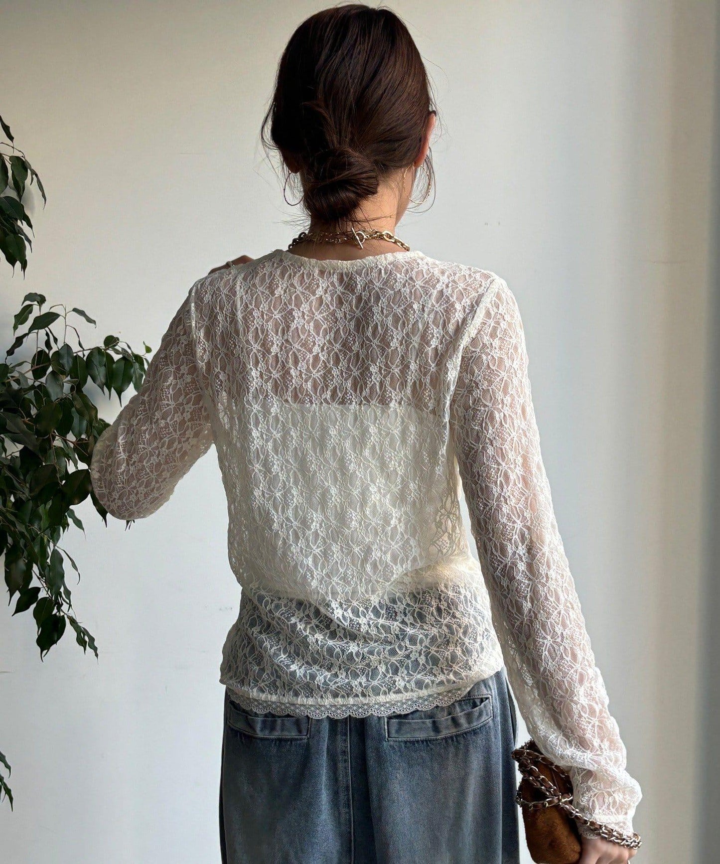 蕾絲側褶設計套頭上衣