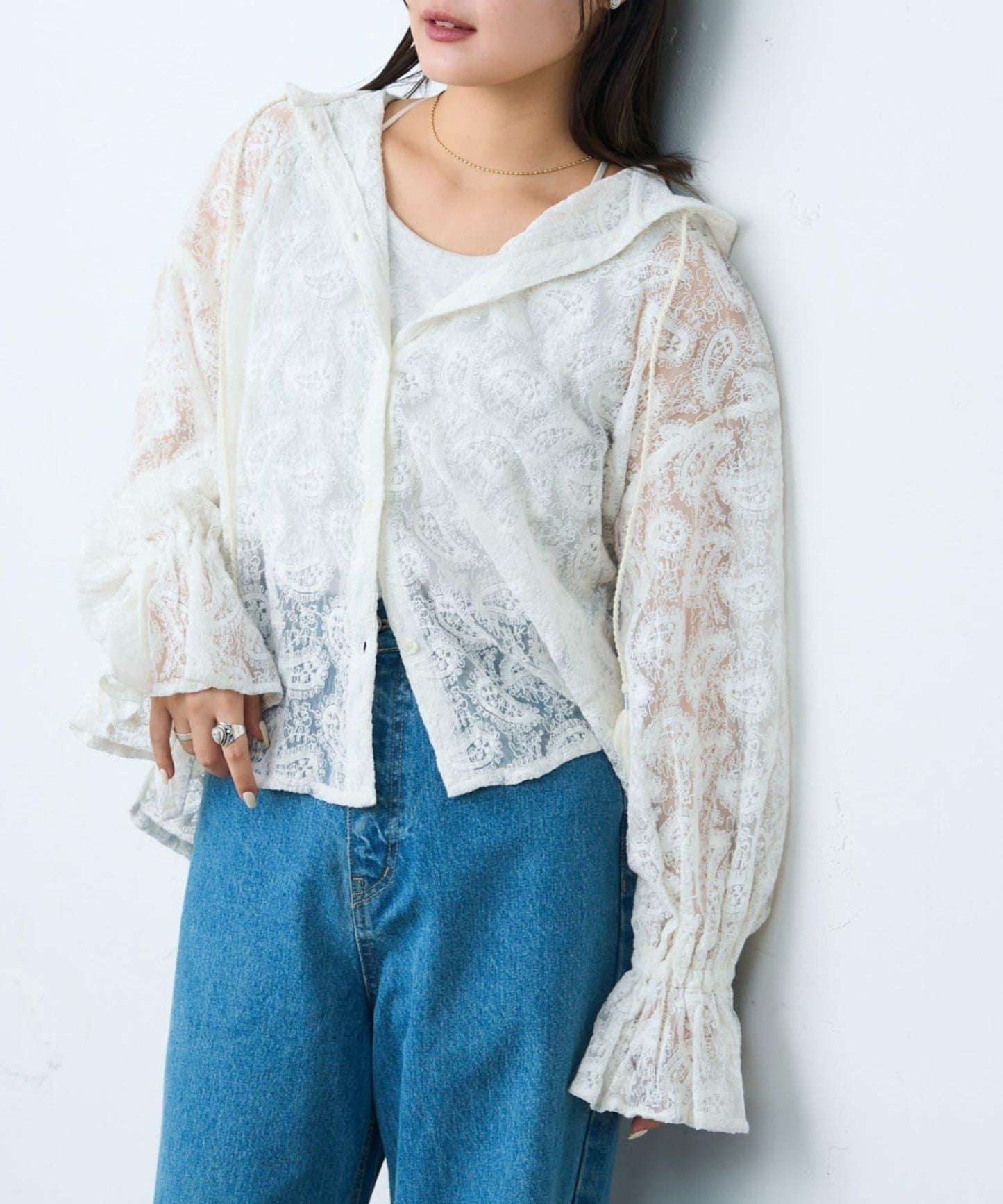 india 蕾絲透視連帽上衣