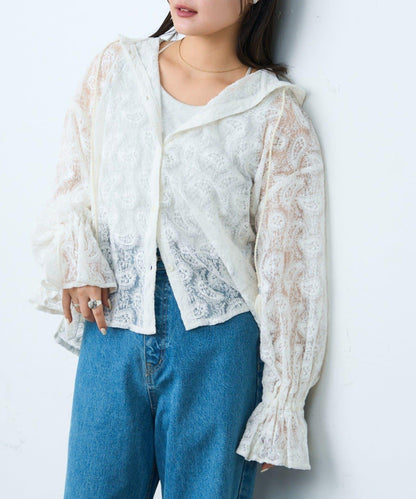 india 蕾絲透視連帽上衣