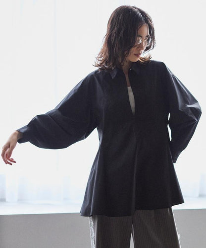 喇叭廓形 開襟領 氣球袖 襯衫