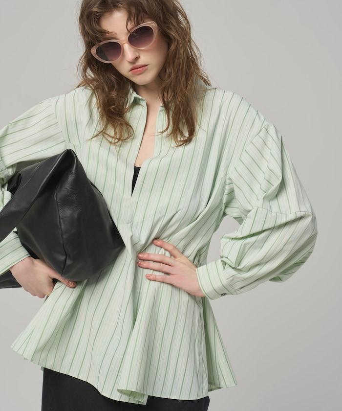 喇叭廓形 開襟領 氣球袖 襯衫