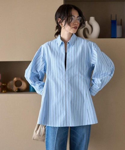 喇叭廓形 開襟領 氣球袖 襯衫