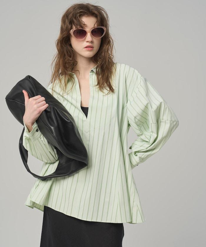 喇叭廓形 開襟領 氣球袖 襯衫