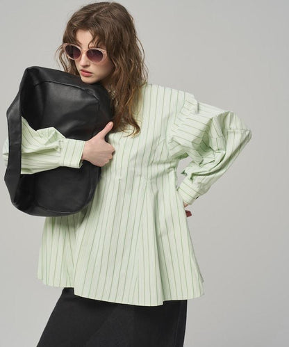 喇叭廓形 開襟領 氣球袖 襯衫