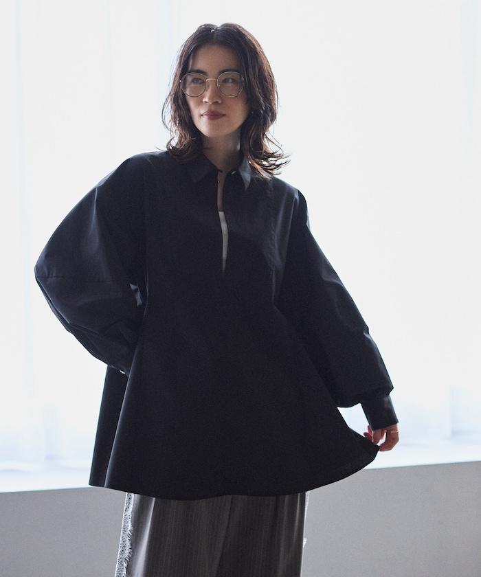 喇叭廓形 開襟領 氣球袖 襯衫