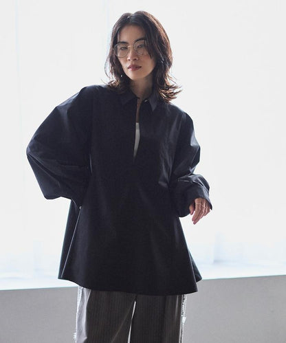 喇叭廓形 開襟領 氣球袖 襯衫