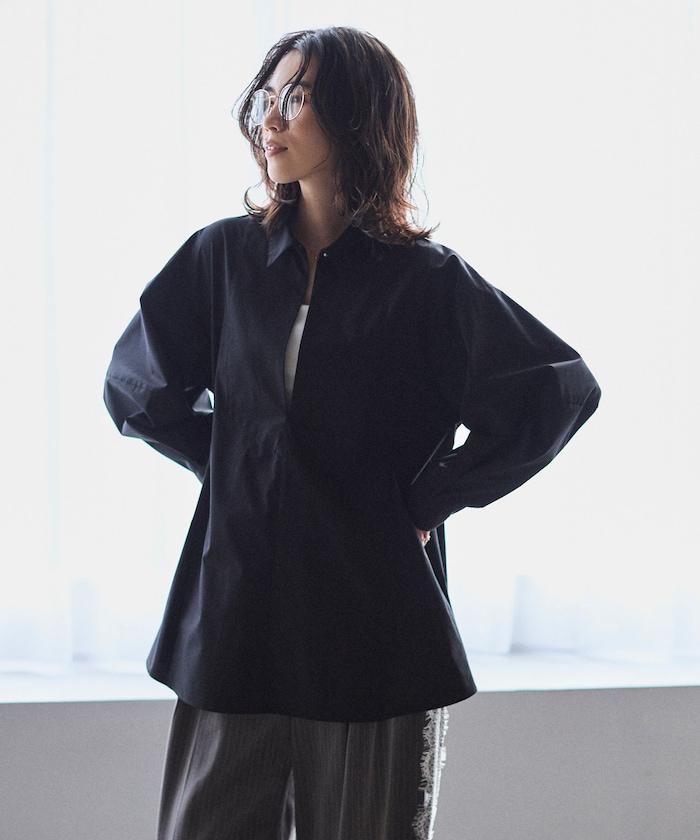 喇叭廓形 開襟領 氣球袖 襯衫