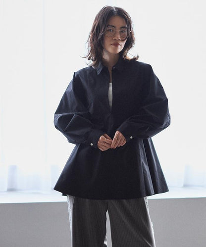 喇叭廓形 開襟領 氣球袖 襯衫